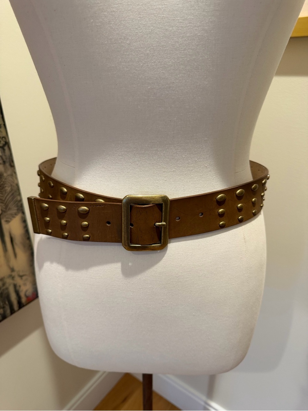 Nine West Brown Leather Studded Belt with Brass Buckle